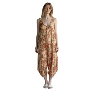 Harlow & Rose Jumpsuit Large Cream Terracotta Tropical Palm Wide Leg Pockets